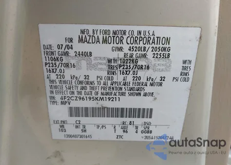 2005 Mazda Tribute S из США, поврежденный, VIN 4F2YZ96175KM40015